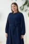 Navy Blue Dress with Elastic Detail at Waist and Cuff Ends - 5