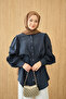 Women's Ruffled Sleeves Waist Tie Shirt Navy Blue - 4
