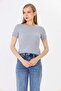 Women's Gray Short Sleeve Ribbed Basic Crew Neck T-Shirt - H6037 - 3