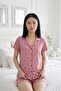 Pink Heart Patterned Soft Textured Shirt Collar Women's Shorts Pajama Set - 6