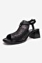 Janelle Black Glitter Genuine Leather Women's Thick Heeled Sandals - 6