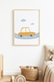 Natural Wood Framed Yellow Car Painting - Minimal |   Huhu1571 - Single Table Natural Wood Frame