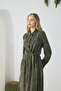 Khaki Jacquard Dress with Tie Detail - 5