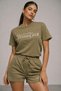 Women's Khaki Cotton Sporty Short Sleeve Oversize T-Shirt and Shorts Bottom Top Set Two Piece Set