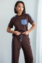 Women's Short Sleeve Denim Look Modal Set with Stripe Detail and Ornamental Pockets - 5