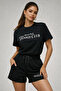 Women's Black Cotton Sporty Short Sleeve Oversize T-Shirt and Shorts Bottom Top Set Two Piece Set - 4