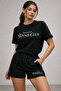 Women's Black Cotton Sporty Short Sleeve Oversize T-Shirt and Shorts Bottom Top Set Two Piece Set - 3
