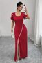 New Season Women's Short-Sleeved Square-Neck Crepe Dress with Cross-Cut Detail on the Front