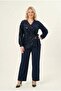 Women's Navy Blue Large Size Sequin Detailed Pants Blouse Evening Dress Set Hzl26W-Pr10011