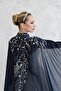 New Generation Navy Blue Kaftan-Bi̇ndalli- Wedding Dress with Over-Cape-Chiffon Kaftan-Navy Blue Kina Dress - 3