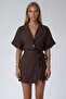 Bitter brown jacket collar oversize linen shirt and tie-up shorts skirt set - 6
