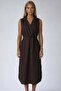 Bitter Brown Double Breasted Collar Pleated Detailed Pocketed Sofia Linen Dress Alc-X15419