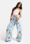 Women's Ice 11S6-3 Palazzo Fit Rose Flower Embroidery Detailed Special Design Denim Jean