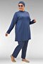 1739 Plus Size Long Sleeve Hijab Swimsuit with Stone Print on the Front - Indigo