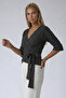 Brown double-breasted tie-up self-textured three-quarter sleeve blouse - 5