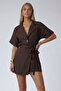 Bitter brown jacket collar oversize linen shirt and tie-up shorts skirt set - 4