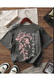 Floral Printed Anthracite Gray Crew Neck Oversize Unisex Short Sleeve Tshirt