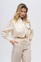 Women's Light Beige Crop Shirt with Stone Detailing and Gathered Waist - 2