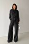 Women's Black Striped Double-Breasted Top and Bottom Set with Tie Detail - 4