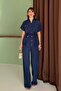 Women's Navy Blue Pocketed Belted Button Detailed Linen Textured Top and Bottom Set