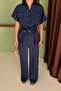 Women's Navy Blue Pocketed Belted Button Detailed Linen Textured Top and Bottom Set - 4