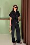 Women's Black Pocketed Belted Button Detailed Linen Textured Top and Bottom Set - 3