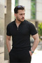Men's Zippered Polo Collar Knitted Textured Quality Short Sleeve T-Shirt - 3