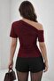Women's Burgundy One-Shoulder Draped Stretch Fabric Blouse 127 - 3