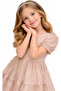 Girl's Gold Gilded Patterned Lined Midi Length Dress with Button Closure at the Back - 4