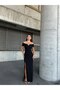 Women's Black Madonna Collar Stone Detailed Slit Long Evening Dress