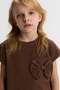 Girl's 4-8 Years Old Short Sleeve T-Shirt with Bow Detail and Pockets, Brown