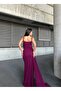 Women's Purple Glittery Slit Strap Bustier Collar Long Evening Dress - 4
