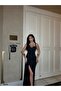Women's Black Glittery Slit Strap Bustier Collar Long Evening Dress - 2
