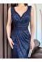 Navy Blue Double-Breasted V-Neck Slit Sequined Evening Dress - 5