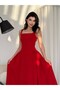 Square Neck Strap Flared Long Dress Red - 2