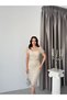 Beige Beaded Belted Short Sleeve Midi Evening Dress - 2