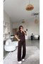 Brown Basic Modal Fabric Collared Wide Leg Suit - 2