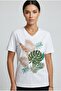 Women's V-Neck Combed Cotton T-Shirt with Leaf Pattern and Sequin Detail, Stylish Design
