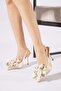 Senta Ribbon Bow Buckle Medium Stone Open Back Women's Heeled Shoes Beige Satin
