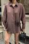 Women's Brown Striped Oversized Shirt with Buckle - Modern Cut Stylish Design Mlb173 - 5