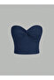 Navy Blue Strapless Front Knot Detailed Crop Blouse Women's Fit Cut Bustier, Front Knot Strapless Crop Blouse