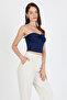Navy Blue Strapless Front Knot Detailed Crop Blouse Women's Fit Cut Bustier, Front Knot Strapless Crop Blouse - 6