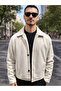 Men's Beige Cashmere Jacket Slim Fit – Buttoned Short Model Stylish Casual Coat - 2