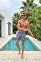 Navy Blue Swim Shorts with Elastic Laces for Men, Short Length, Patterned, Lined Beach Shorts Ls-95882 - 2