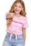 Girl's Bonjour Paris Written Tie-Dye T-Shirt with Tie Front in Pink Color - 4
