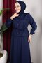 New Season Suit Set with Allerli Hijab on the Front, Top and Bottom Set with Skirt - Navy Blue - 4