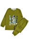 Boy's 100% Cotton Khaki Color Astronaut Patterned Long Sleeve Winter Interlock Pajama Set - 2