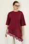 D 2942 Asymmetrical T-Shirt with Lace and Satin Detail - Burgundy |   D2942 - Claret Red