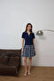 Women's Navy Blue Zipper Detailed Polo Collar Plaid Patterned Mini Dress - 2