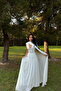 White Marika Cape Detailed Pleated Long Event Dress Ate-4788 - 4